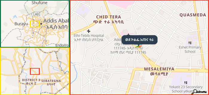 Map showing the address of ወደ ኮልፌ አጠና ተራ in three different zoom levels.