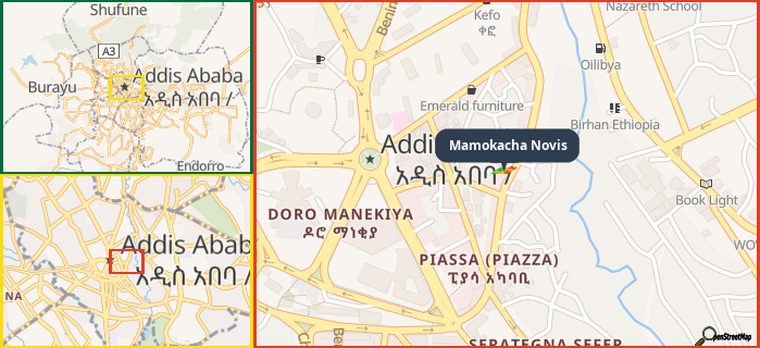 Map showing the address of Mamokacha Novis in three different zoom levels.