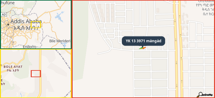 Map showing the address of YK 13 3971 mängäd in three different zoom levels.