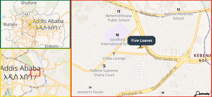 Map showing the address of Five Loaves in three different zoom levels.