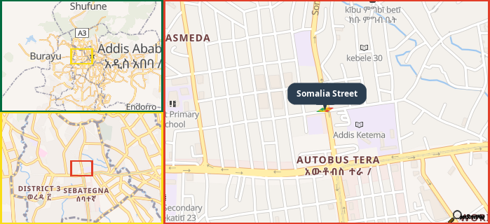 Map showing the address of Somalia Street in three different zoom levels.