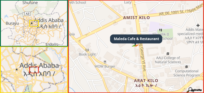 Map showing the address of Maleda Cafe & Restaurant in three different zoom levels.