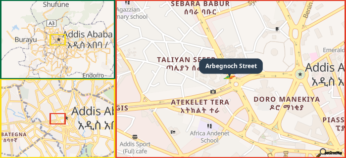 Map showing the address of Arbegnoch Street in three different zoom levels.