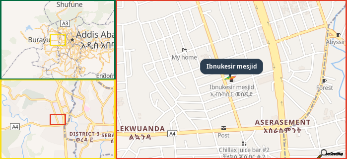 Map showing the address of Ibnukesir mesjid in three different zoom levels.