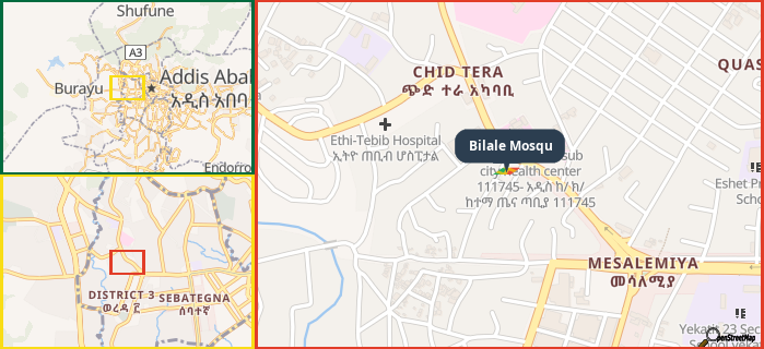 Map showing the address of Bilale Mosqu in three different zoom levels.