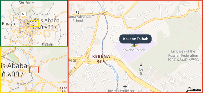 Map showing the address of Kokebe Tsibah in three different zoom levels.