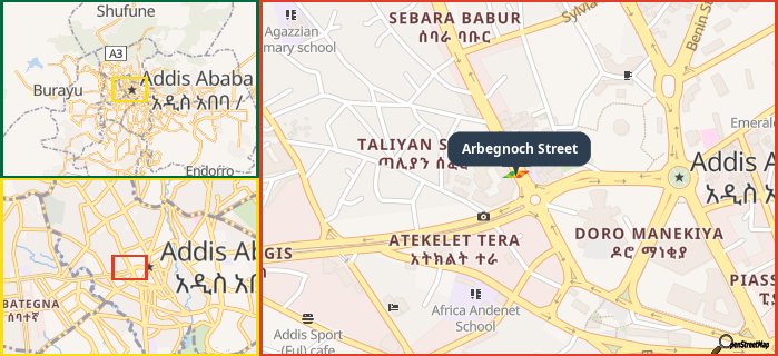 Map showing the address of Arbegnoch Street in three different zoom levels.