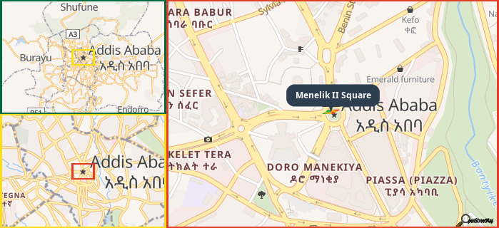 Map showing the address of Menelik II Square in three different zoom levels.