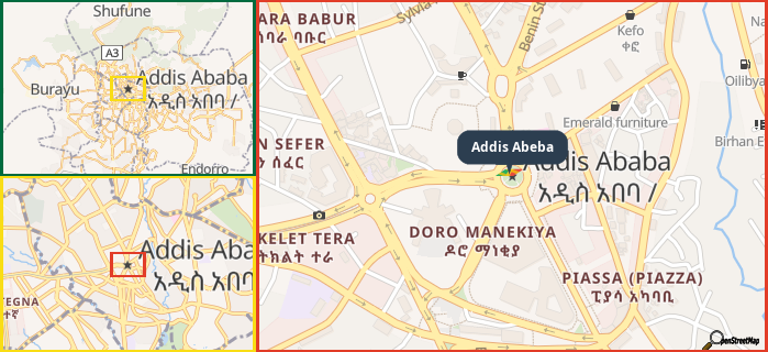 Map showing the address of Addis Abeba in three different zoom levels.