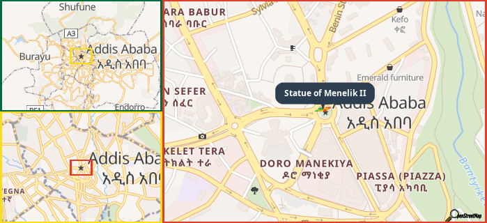 Map showing the address of Statue of Menelik II in three different zoom levels.