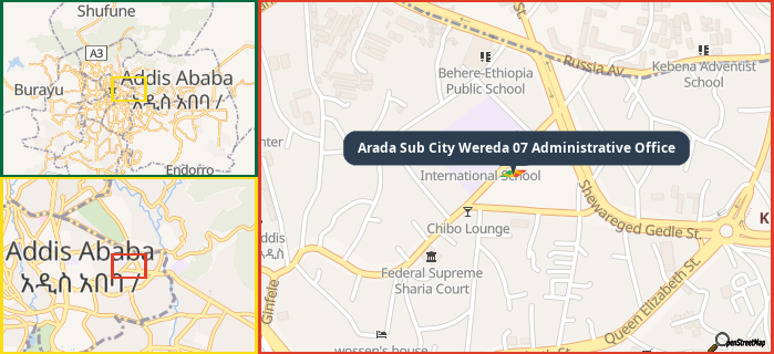 Map showing the address of Arada Sub City Wereda 07 Administrative Office in three different zoom levels.