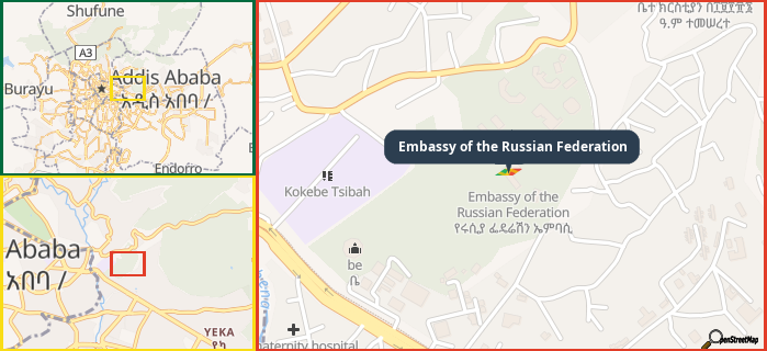 Map showing the address of Embassy of the Russian Federation in three different zoom levels.