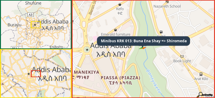 Map showing the address of Minibus KRK 013: Buna Ena Shay => Shiromeda in three different zoom levels.