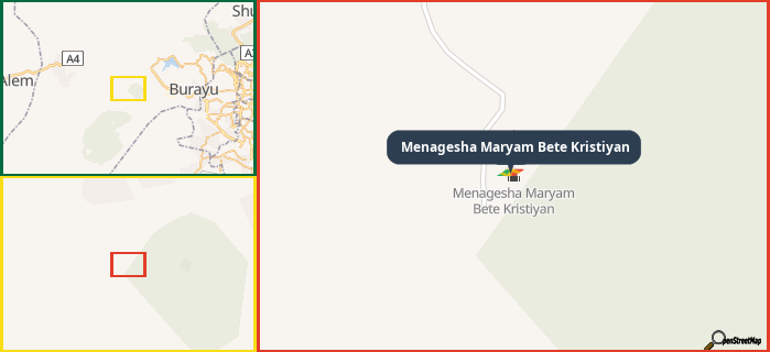 Map showing the address of Menagesha Maryam Bete Kristiyan in three different zoom levels.