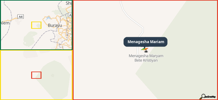 Map showing the address of Menagesha Mariam in three different zoom levels.