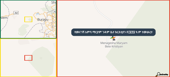 Map showing the address of የመናገሻ አምባ ማርያም ገዳም ቤተ ክርስቲያን በ፲፱፻፱ ዓ.ም ተመሠረተ in three different zoom levels.