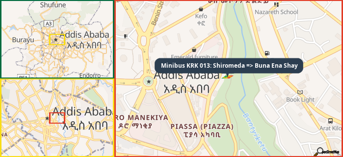 Map showing the address of Minibus KRK 013: Shiromeda => Buna Ena Shay in three different zoom levels.