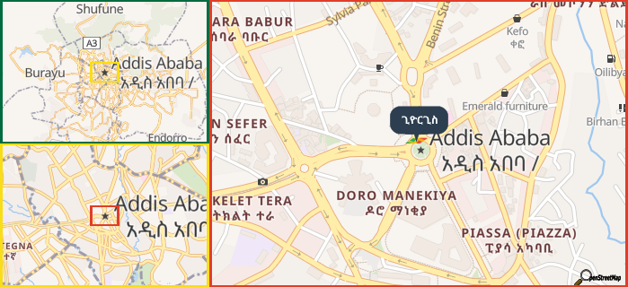 Map showing the address of ጊዮርጊስ in three different zoom levels.