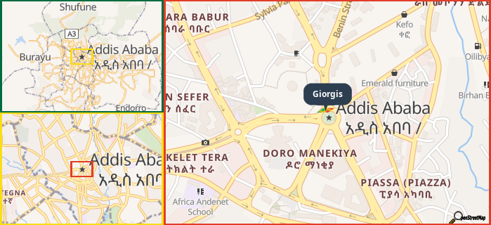 Map showing the address of Giorgis in three different zoom levels.