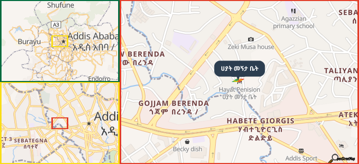 Map showing the address of ሀያት መኝታ ቤት in three different zoom levels.