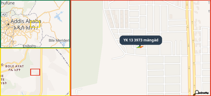 Map showing the address of YK 13 3973 mängäd in three different zoom levels.