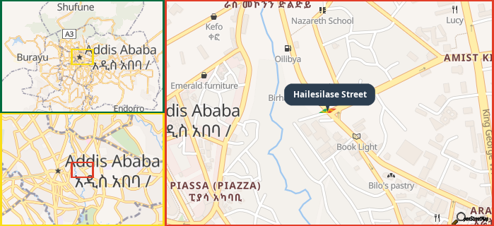 Map showing the address of Hailesilase Street in three different zoom levels.