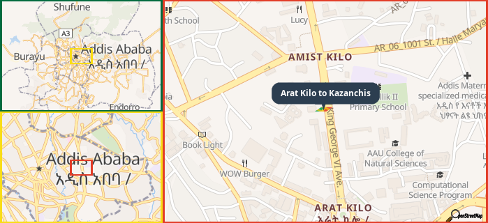 Map showing the address of Arat Kilo to Kazanchis in three different zoom levels.