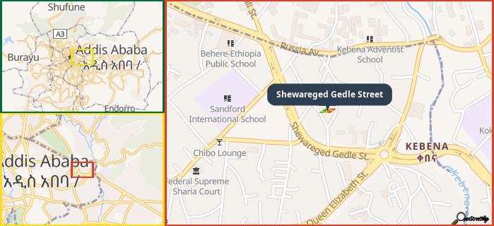 Map showing the address of Shewareged Gedle Street in three different zoom levels.