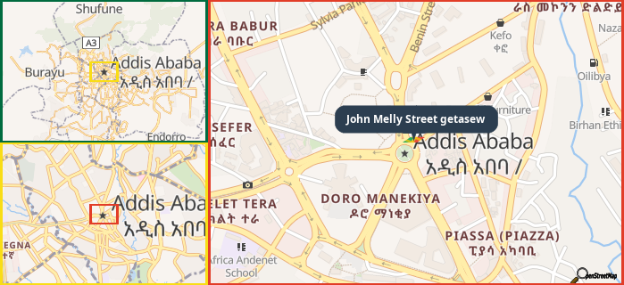 Map showing the address of John Melly Street getasew in three different zoom levels.