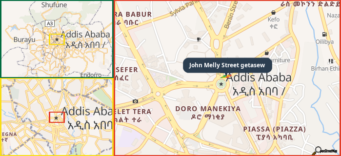 Map showing the address of John Melly Street getasew in three different zoom levels.