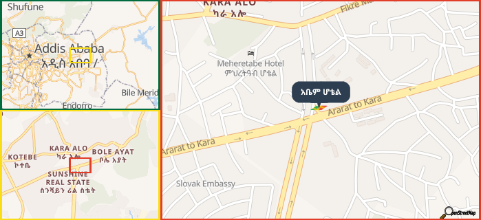 Map showing the address of አቤም ሆቴል in three different zoom levels.