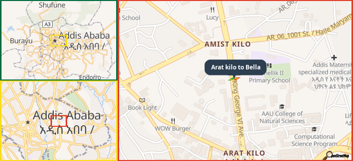 Map showing the address of Arat kilo to Bella in three different zoom levels.