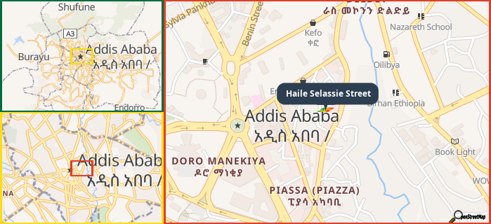 Map showing the address of Haile Selassie Street in three different zoom levels.