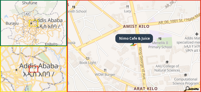 Map showing the address of Nimo Cafe & Juice in three different zoom levels.