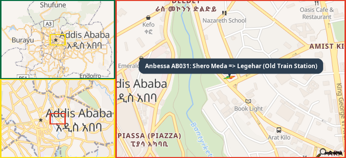 Map showing the address of Anbessa AB031: Shero Meda => Legehar (Old Train Station) in three different zoom levels.
