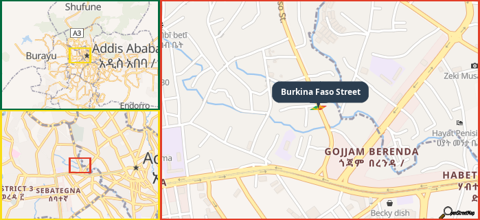 Map showing the address of Burkina Faso Street in three different zoom levels.