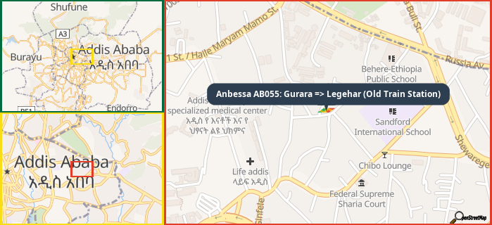 Map showing the address of Anbessa AB055: Gurara => Legehar (Old Train Station) in three different zoom levels.
