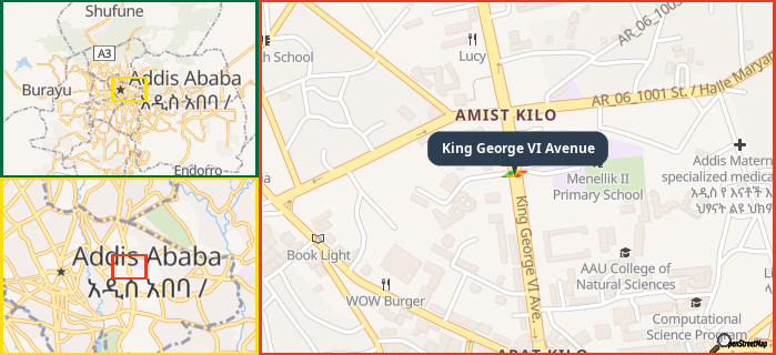 Map showing the address of King George VI Avenue in three different zoom levels.