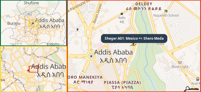 Map showing the address of Sheger A01: Mexico => Shero Meda in three different zoom levels.