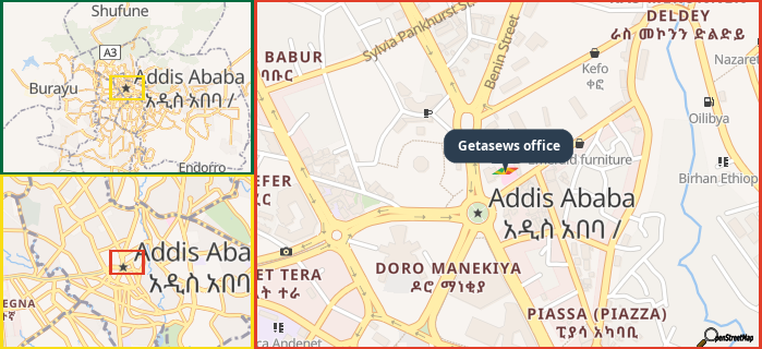 Map showing the address of Getasews office in three different zoom levels.