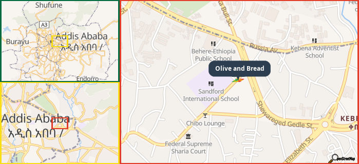 Map showing the address of Olive and Bread in three different zoom levels.