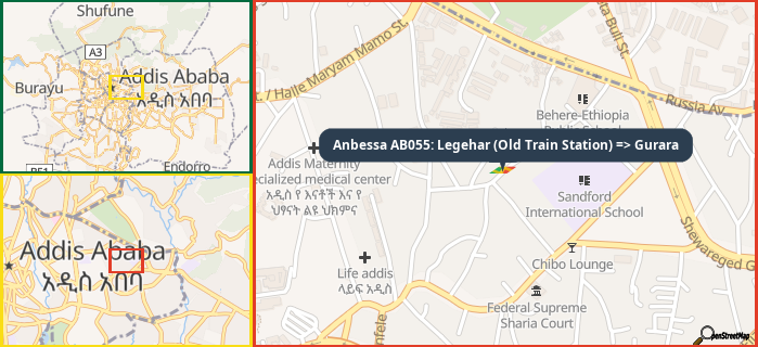Map showing the address of Anbessa AB055: Legehar (Old Train Station) => Gurara in three different zoom levels.