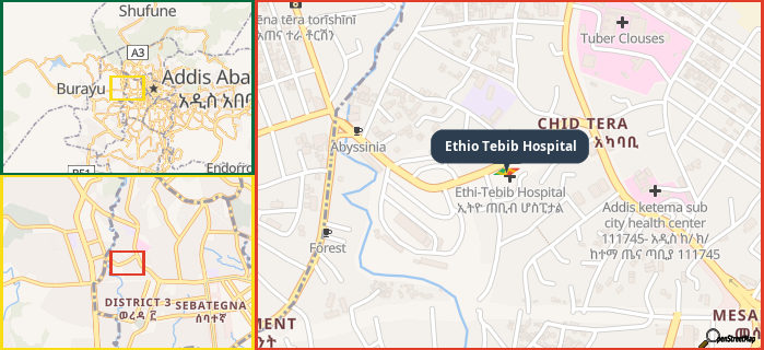 Map showing the address of Ethio Tebib Hospital in three different zoom levels.