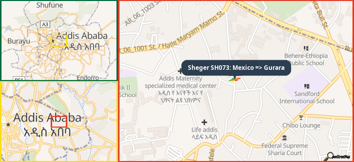 Map showing the address of Sheger SH073: Mexico => Gurara in three different zoom levels.