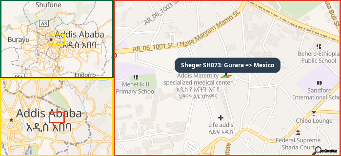Map showing the address of Sheger SH073: Gurara => Mexico in three different zoom levels.