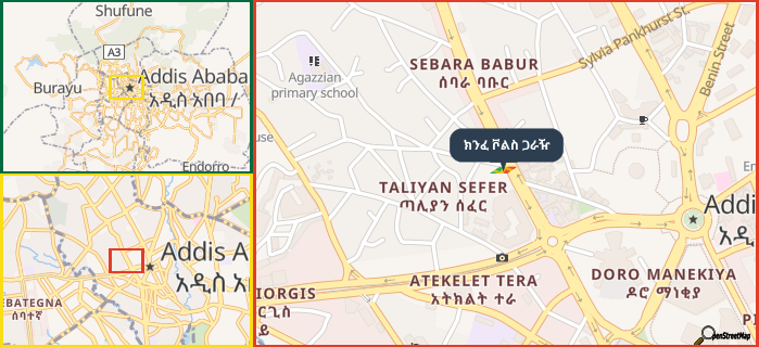 Map showing the address of ክንፈ ቮልስ ጋራዥ in three different zoom levels.