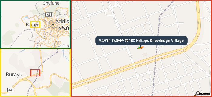 Map showing the address of ሂልቶፕስ የእውቀት መንደር Hiltops Knowledge Village in three different zoom levels.