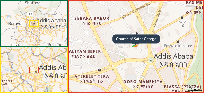 Map showing the address of Church of Saint George in three different zoom levels.