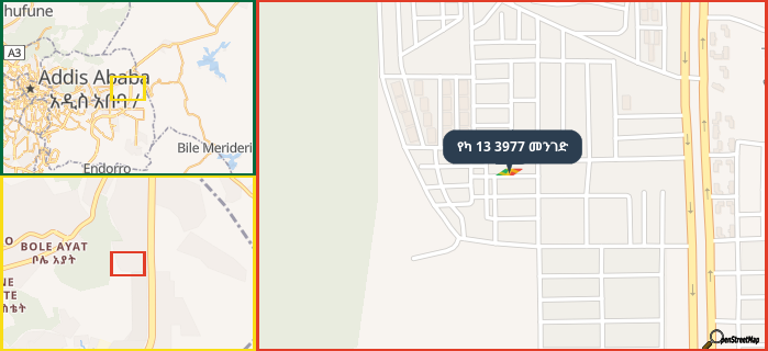 Map showing the address of የካ 13 3977 መንገድ in three different zoom levels.