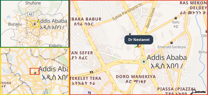 Map showing the address of Dr Nestanet in three different zoom levels.